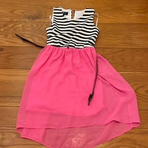 Girls, pink and black and white striped dress